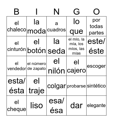 Español 2:  La ropa Bingo Card