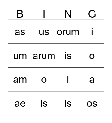 Latin Noun Endings Weeks 2-6 C1 Bingo Card
