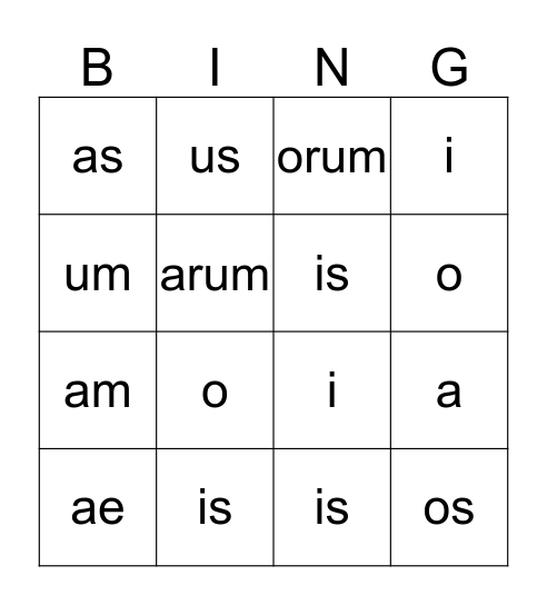 Latin Noun Endings Weeks 2-6 C1 Bingo Card