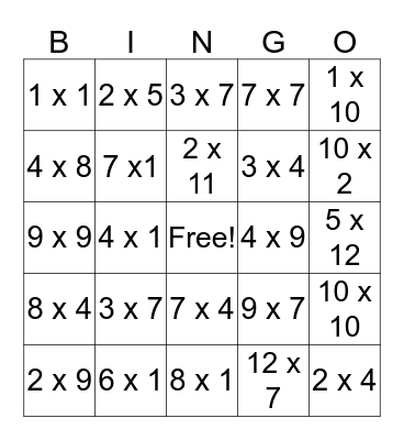 Rhys's Times table Bingo Card