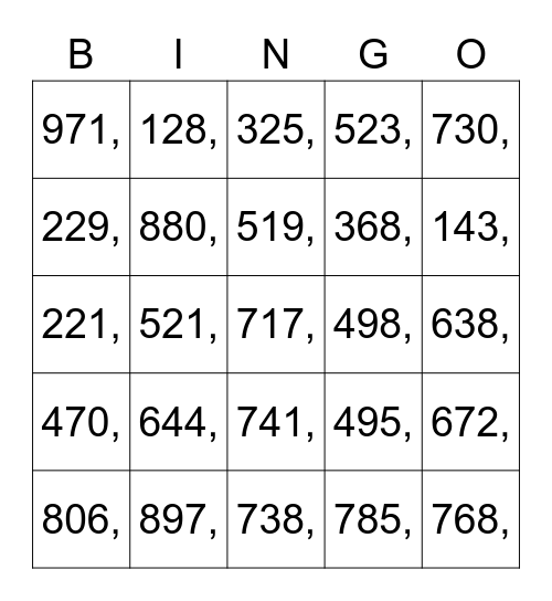 Numbers 1-1000 Bingo Card
