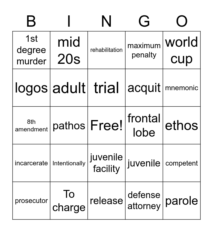 Juvenile Justice Bingo Card