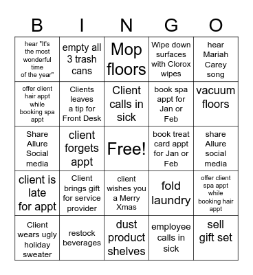 Allure Front Desk Holiday Bingo Card