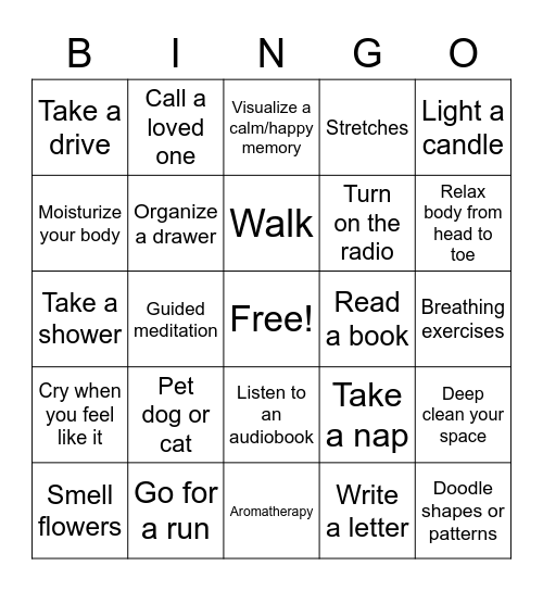 Self-Soothing Bingo Card