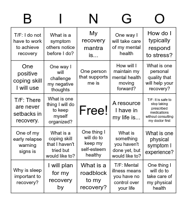 Recovery BINGO Card