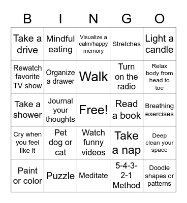 Self-Soothing Bingo Card