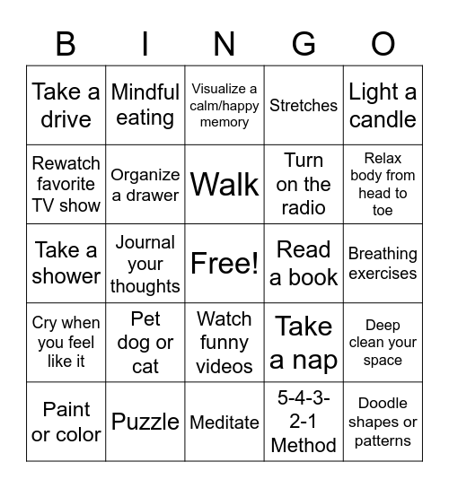 Self-Soothing Bingo Card