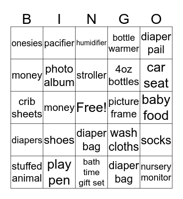 Karrington's Shower Bingo Card