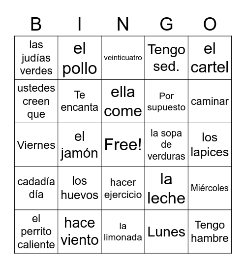 Spanish 1 Exam Bingo Card