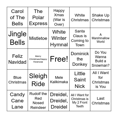 Holiday Song BINGO Card