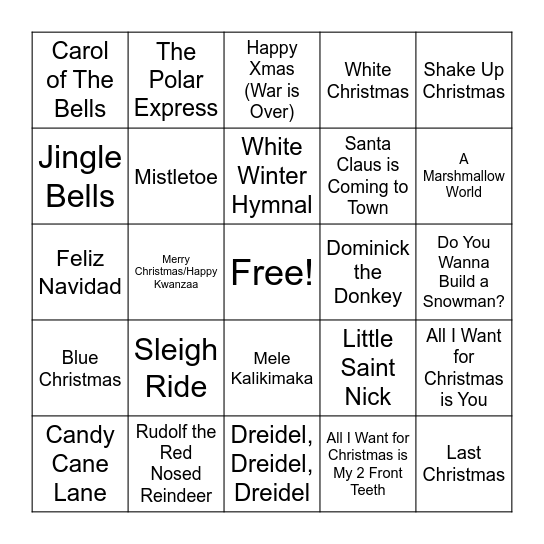 Holiday Song BINGO Card