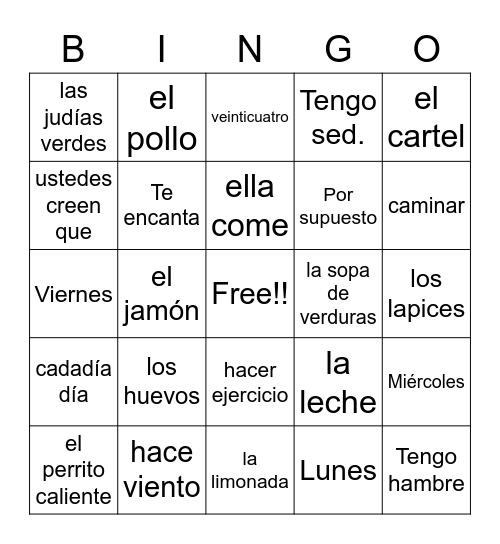 Spanish 1 Exam Bingo Card