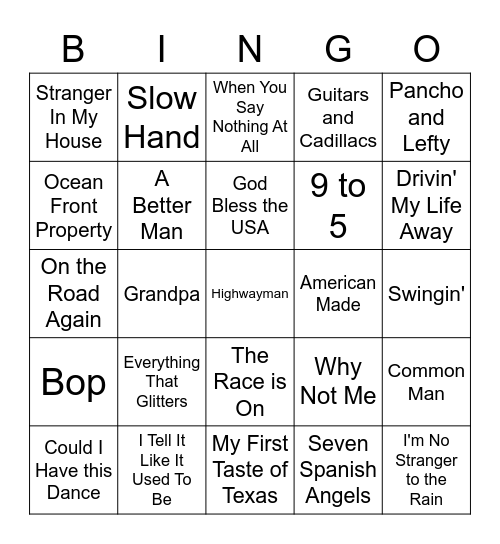 Top 100 Country Songs of the 80's Bingo Card