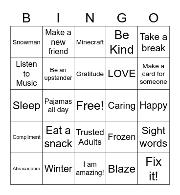 Winter Break Bingo Card