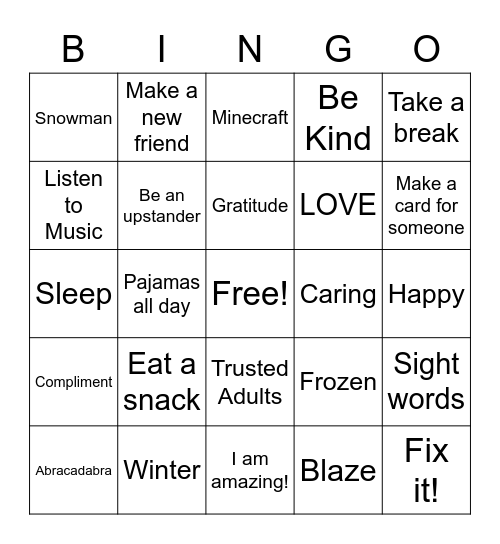 Winter Break Bingo Card