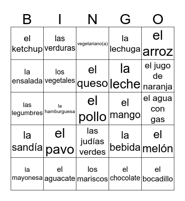 SPA1:  La Comida Bingo Card