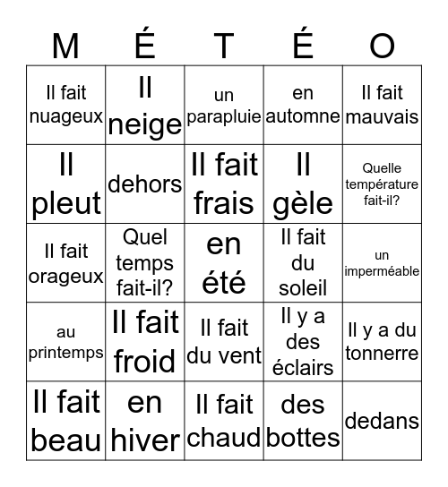 Quel Temps Fait-Il? Bingo Card