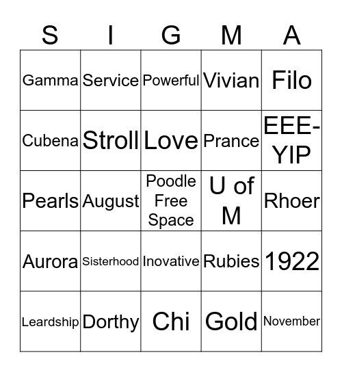 Gorgeous Gamma Chi Chapter Reunion 2015 Bingo Card
