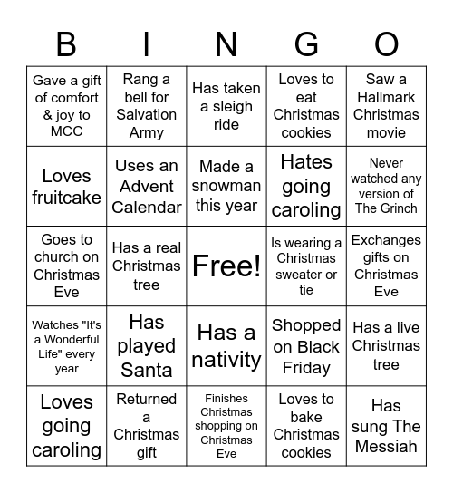 MCC Christmas Bingo Card