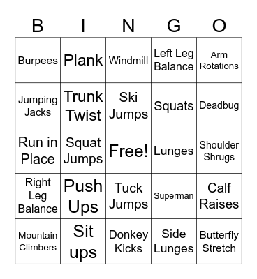Fitness Bingo Card