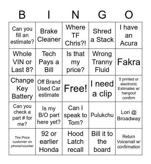 In - Pulukchu / Out - Front Bank Spool Valve Bingo Card