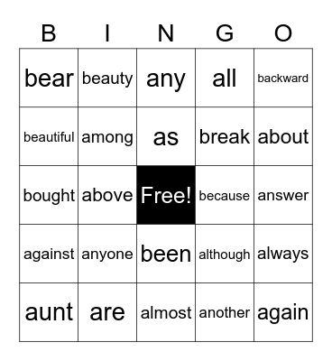 High-Frequency Heart Words Bingo Card