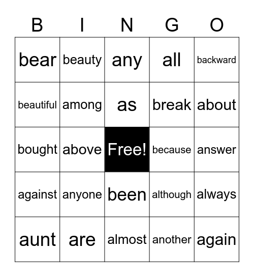 High-Frequency Heart Words Bingo Card