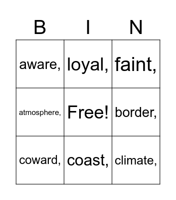 Vocabulary Review Bingo Card