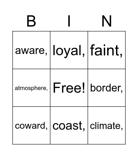 Vocabulary Review Bingo Card