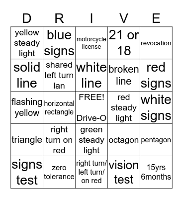 Driver's Education Drive O module 1 Bingo Card