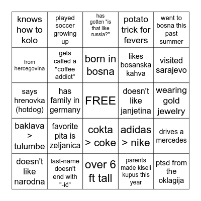 Bosnian Bingo Card