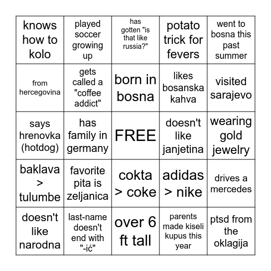 Bosnian Bingo Card