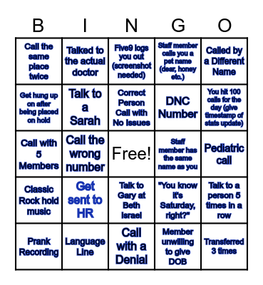 Saturday Shift Bingo Card