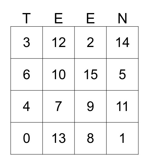 TEEN-time Bingo Card