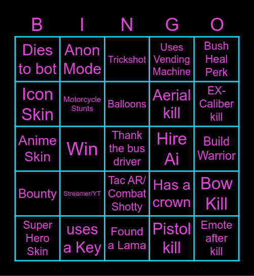 DavieTzars Fortnite Bingo Card