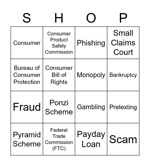 Unit 6 Vocab: CONSUMERISM! Bingo Card