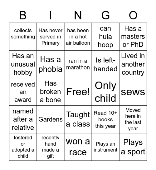 Alexandria 3rd Ward Relief Society Bingo Card