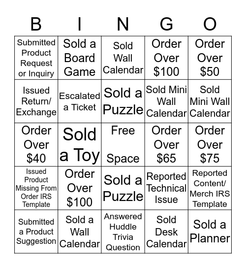 Calendars.com Customer Service Bingo! Bingo Card