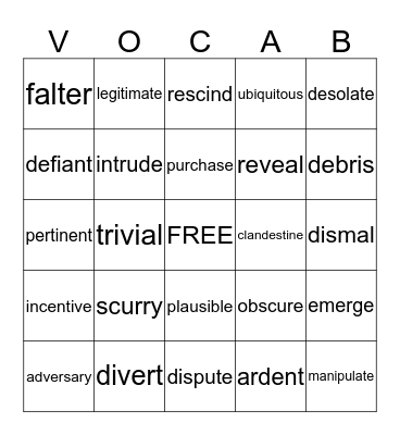 Word of the Day 11/16/15 Bingo Card