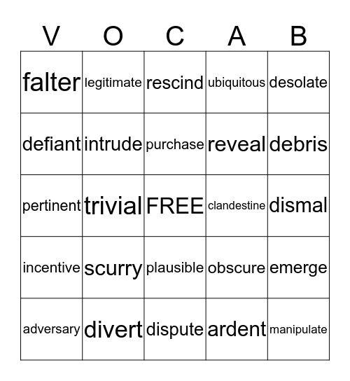Word of the Day 11/16/15 Bingo Card