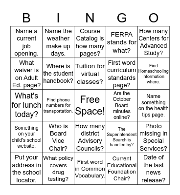 Lexington One Website Bingo Card