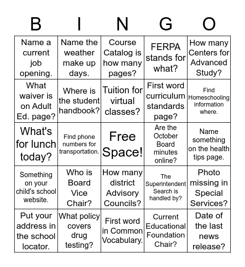 Lexington One Website Bingo Card