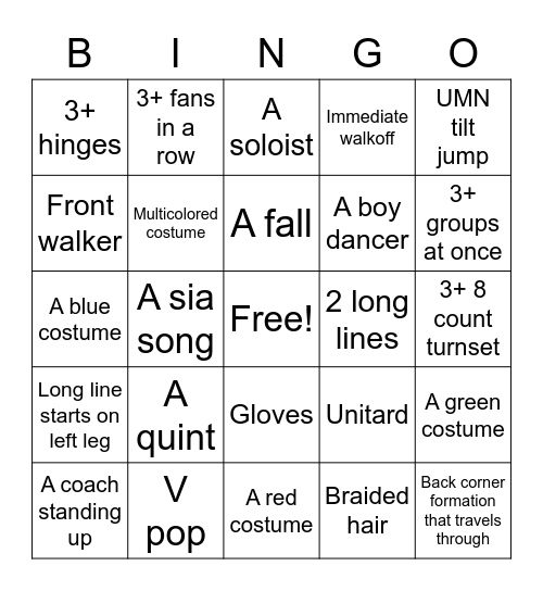 Dance Team Bingo Card