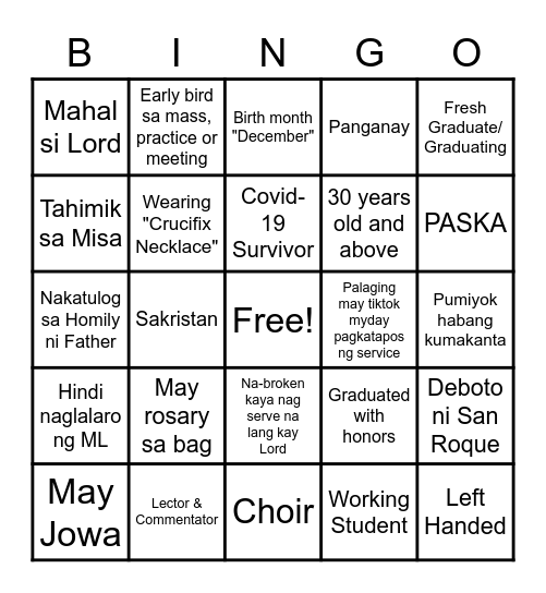 San Roque WESTY Team Bingo Card