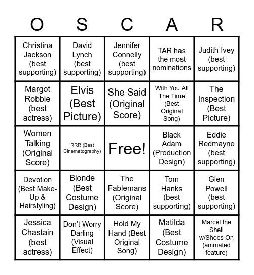 OSCAR NOMINATION Bingo Card