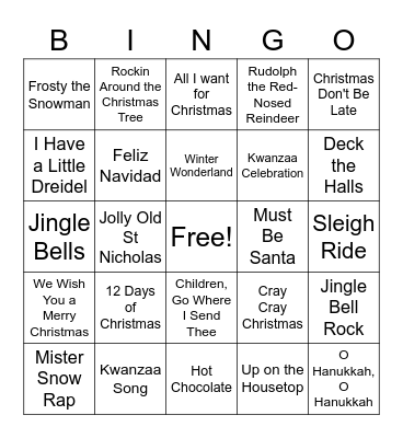 Holiday Sing Along Bingo Card