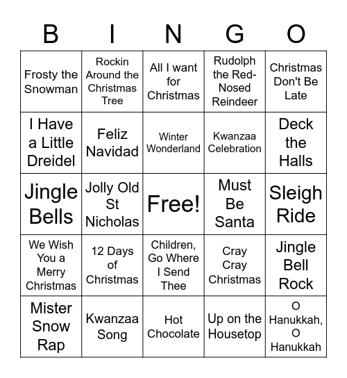 Holiday Sing Along Bingo Card