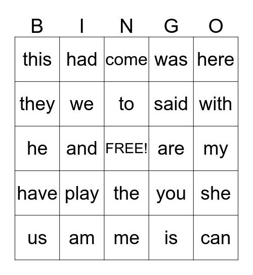 Level A Bingo Card