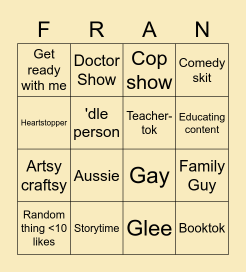 Fran's FYP Bingo Card