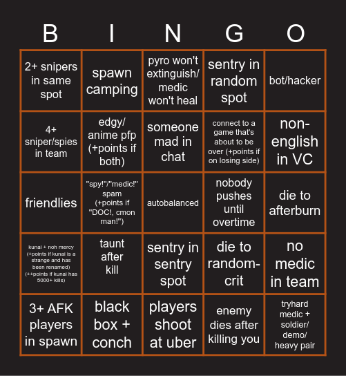 TF2 Pain Bingo Card